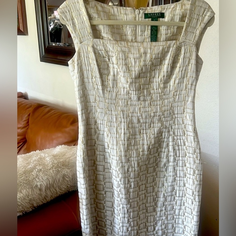 Lauren Ralph Lauren Ivory/Gold Metallic Formal Sheath Dress NWOT - Picture 4 of 9